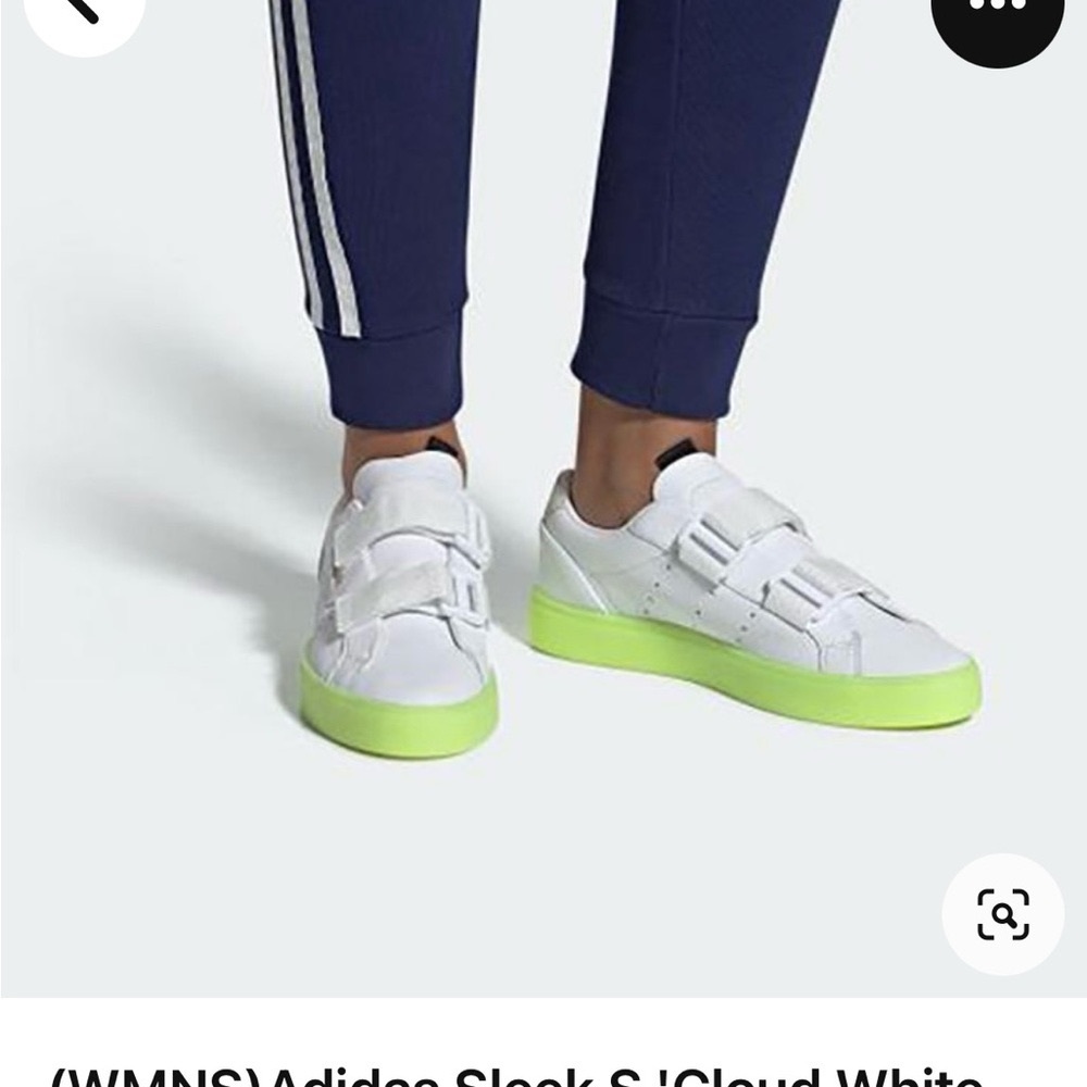 Adidas Originals Sleek size 6 US. White with neon green soles.